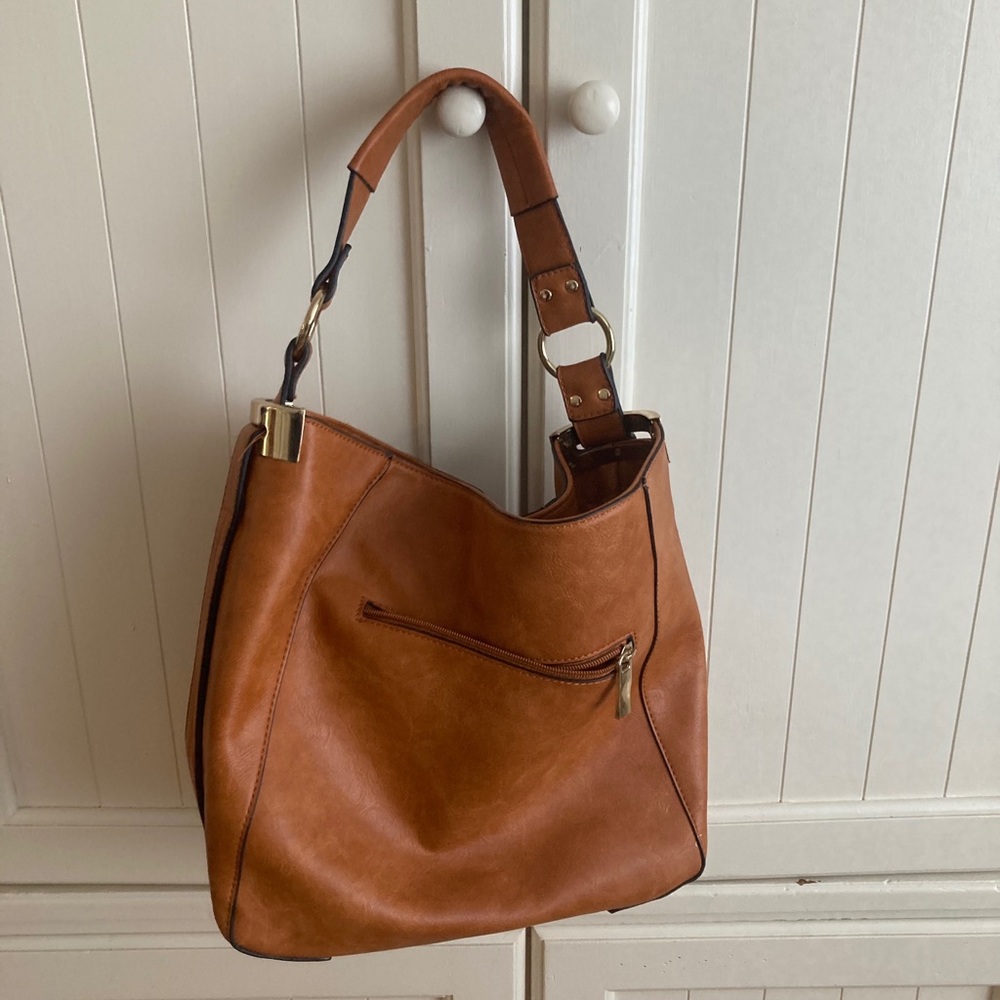 Camel color women’s handbag, pleather